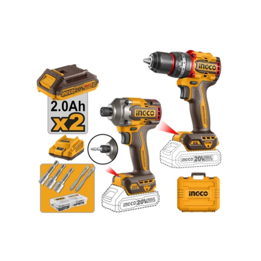 Taladro Percutor 12.7 mm (1/2 In) 66 N.m + Atornillador de Impacto Inalámbrico 20 V 2.0 Ah INGCO
