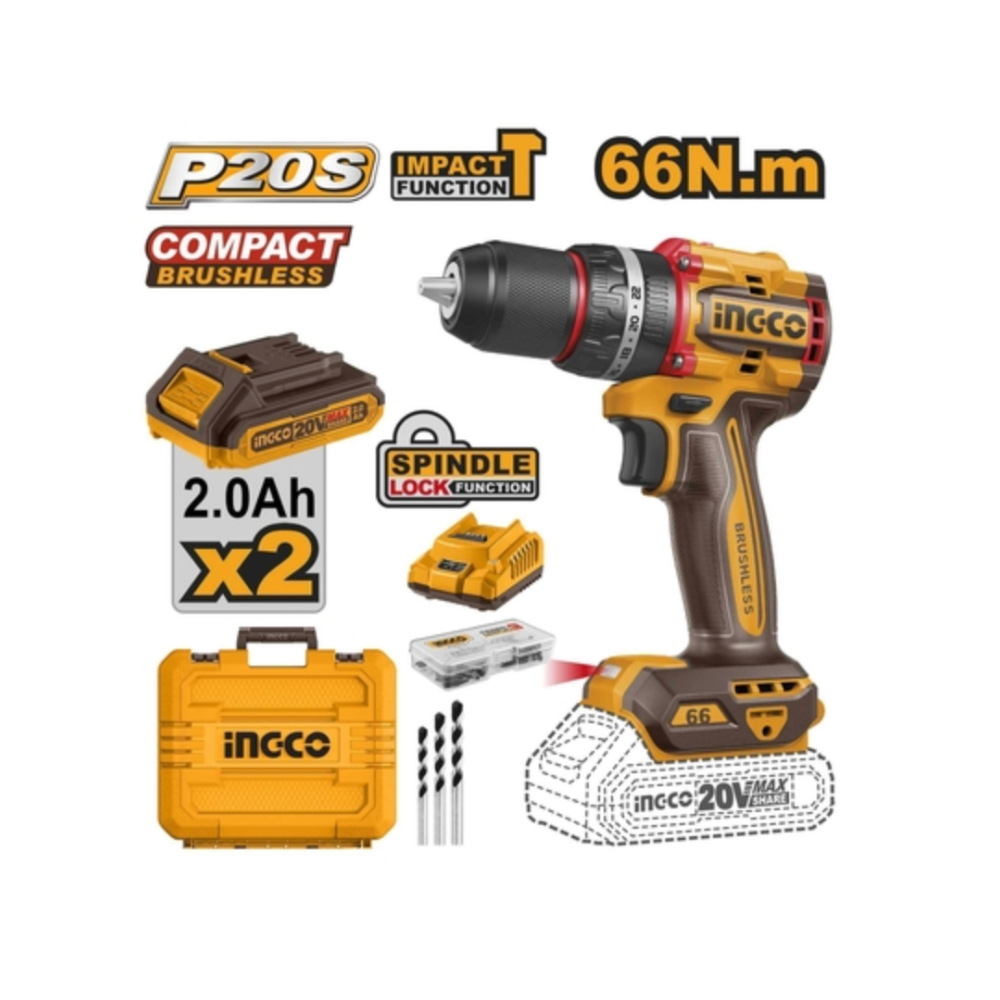 Taladro Percutor 12.7 mm (1/2 In) 20 V 66 N.m Inalambrico Motor Sin Carbones INGCO