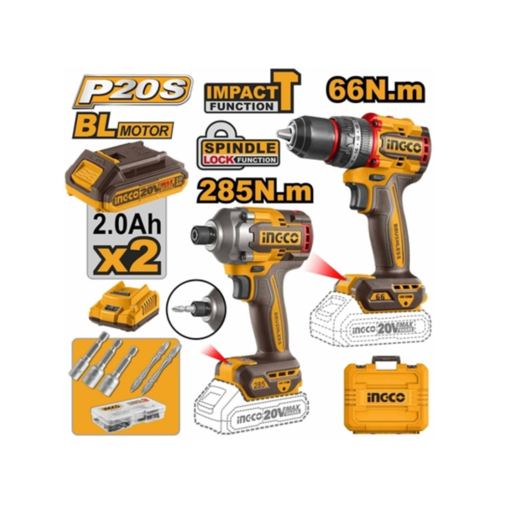 Taladro Percutor 12.7 mm (1/2 In) 66 N.m + Atornillador de Impacto Inalámbrico 20 V 2.0 Ah INGCO
