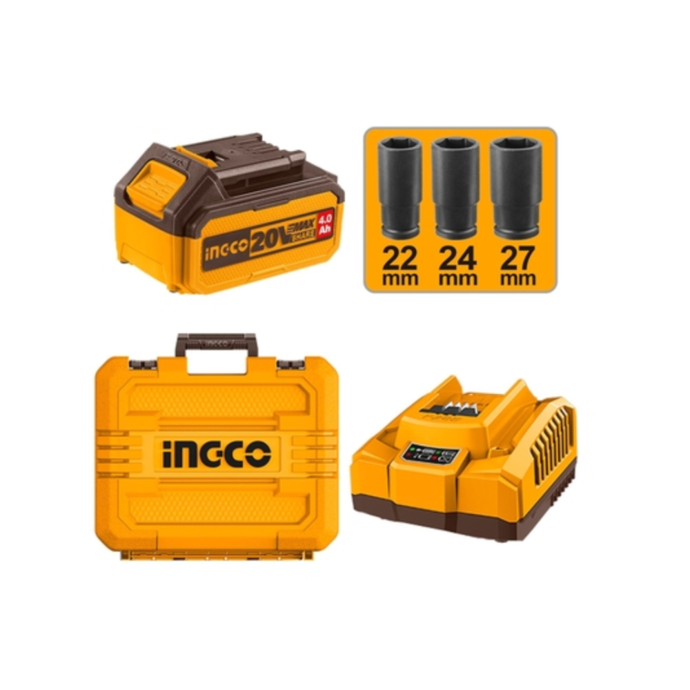 Llave Impacto Inalámbrica 12.7 mm (1/2 In) 20 V 4.0 Ah 850 N.m INGCO