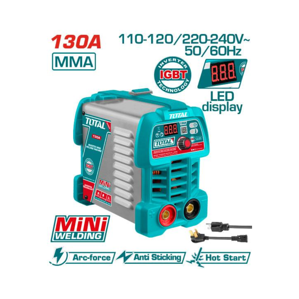 Máquina de Soldar Inverter MMA 130A Bivoltaje 110-220V con Pantalla LED y Funciones de Arco Inteligentes TOTAL